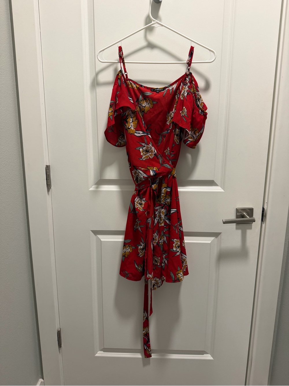 Red Floral Cold-Shoulder Tie-Waist Mini Dress